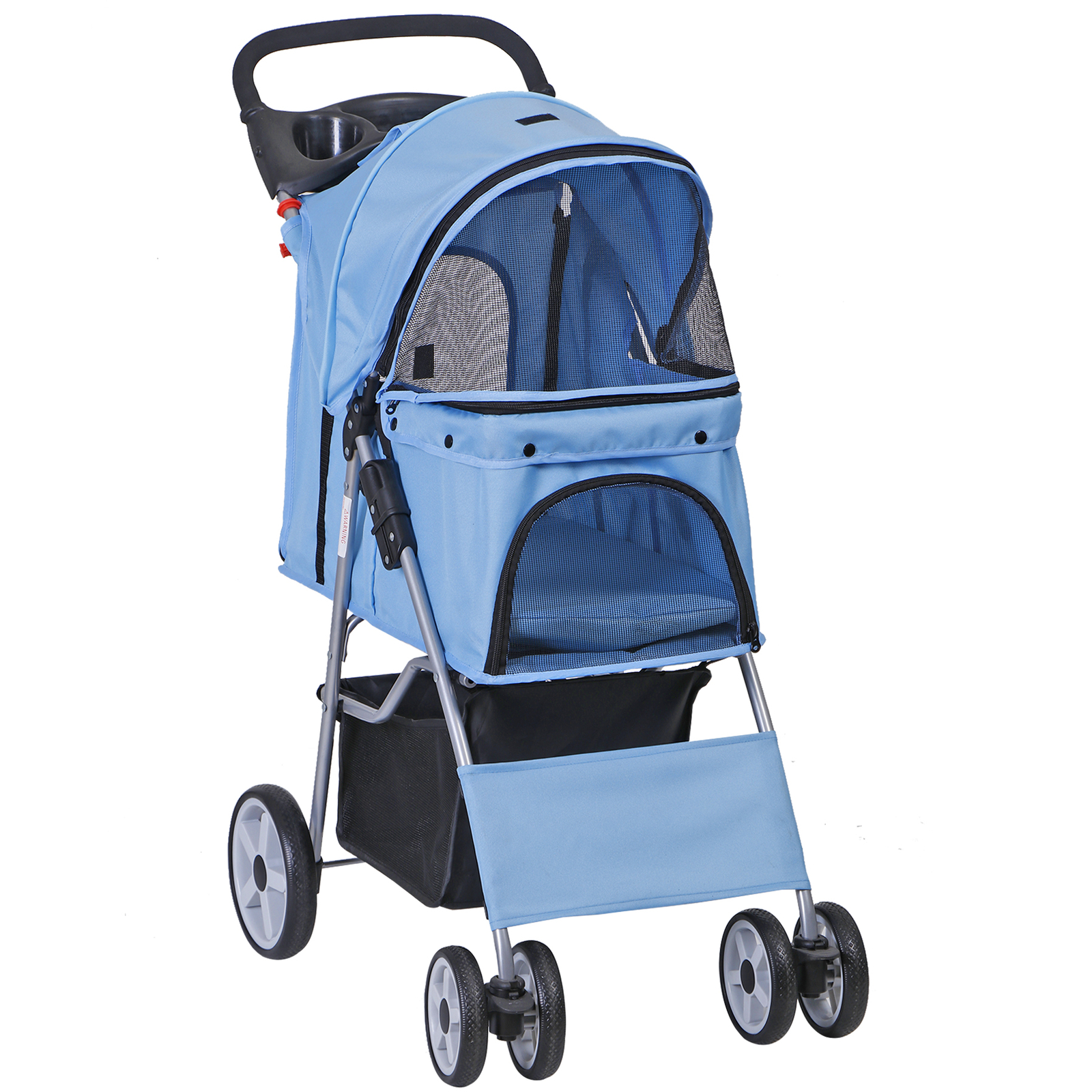 4 Wheels Pet Stroller Portable Dog Stroller w/ Storage Basket & Cup Holder Blue
