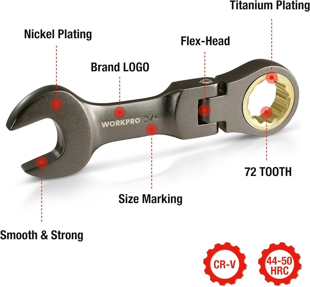 WORKPRO 8PCS Flex-Head Stubby Ratcheting Combination Wrench Set w/Rolling Pouch