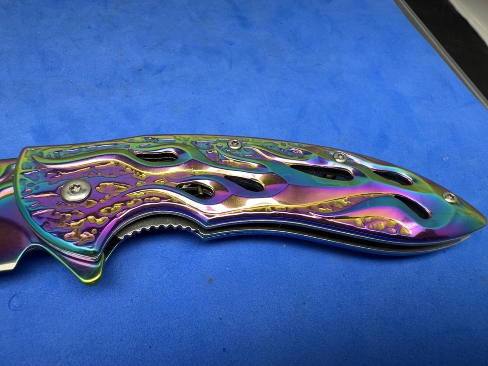 MTECH Assisted Opening Pocket Knife Rainbow Flame Cutout Fire Pattern Blade EDC