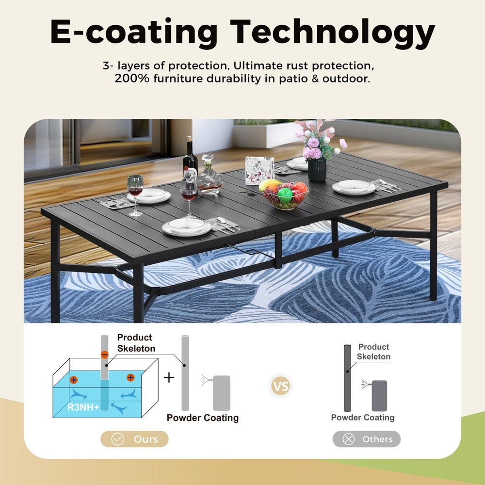 Outdoor Patio Table Rectangular Dining Table with Umbrella Hole for 8 Person