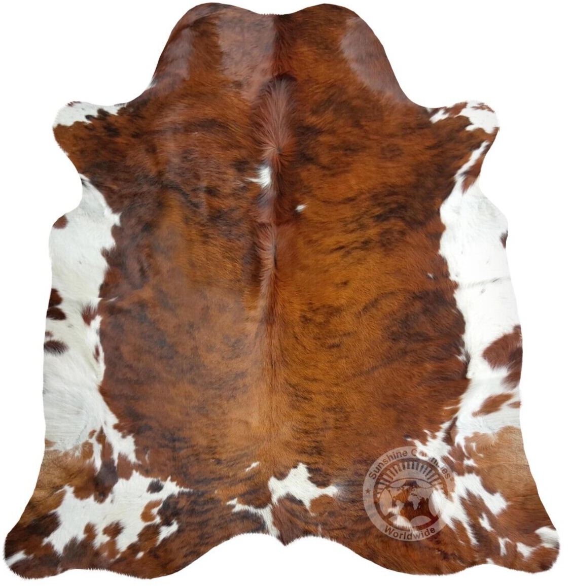 Real Cowhide Rug Brindle Tricolor White Belly - Size 6x7-8’