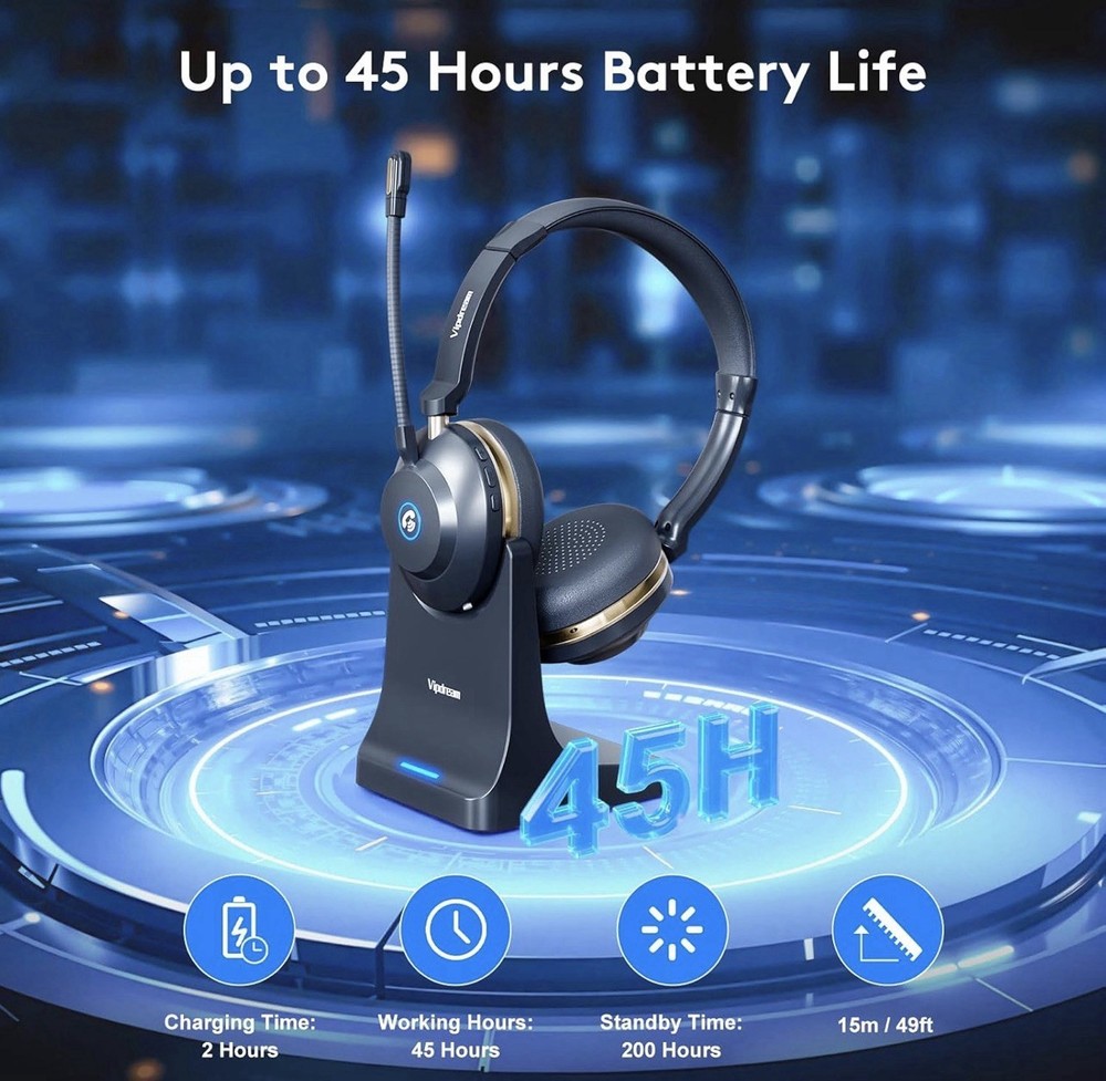 Wireless Headset with Mic for Work,6.0 Bluetooth Headset with Microphone,45 H...