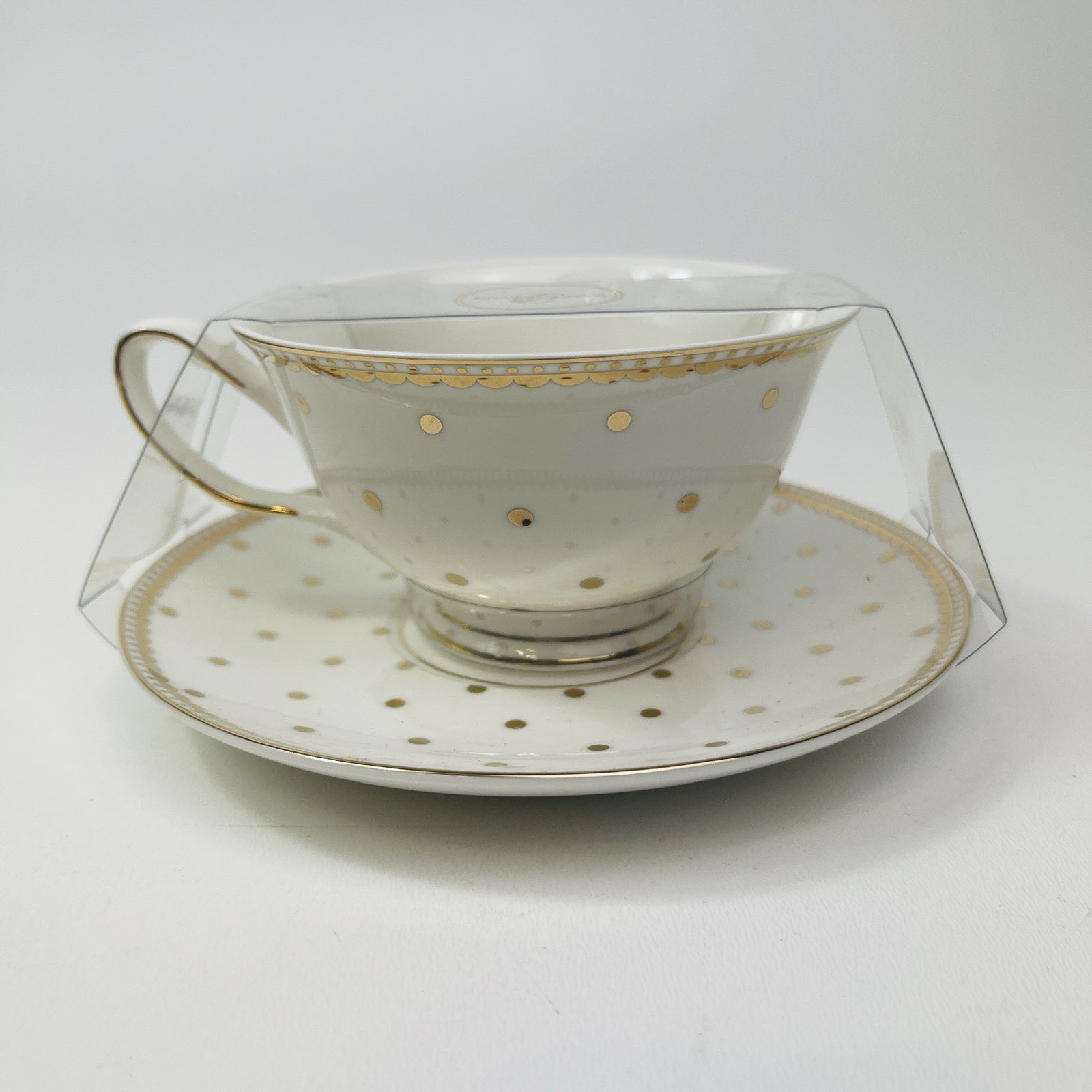 Grace Teaware Teacup Saucer White With Gold Trim Polka Dots New