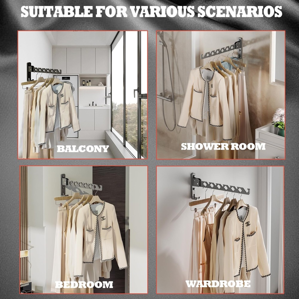 Retractable Wall-Mounted Coat Hanger Rack - 2 Pack, 8 Hooks, Space Saver