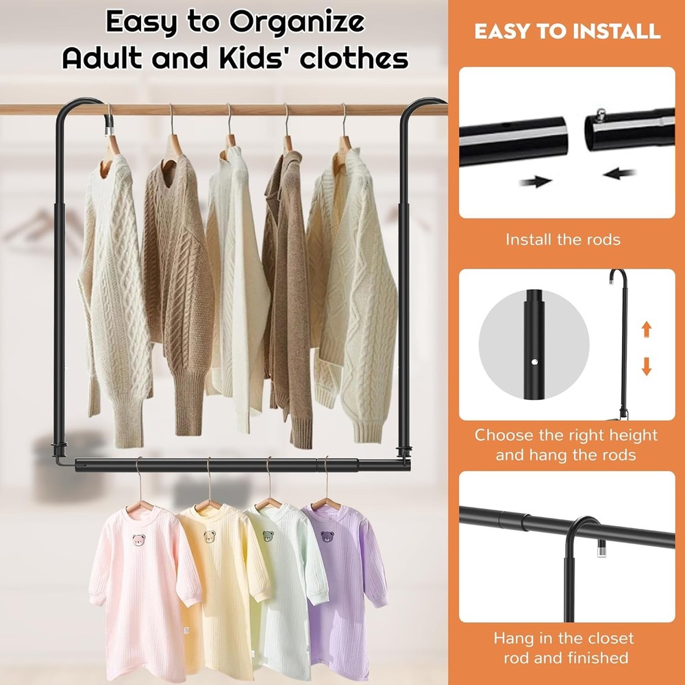 Hanging Closet Rod Adjustable Width Height Black(2 Pack), 2 Pack Black