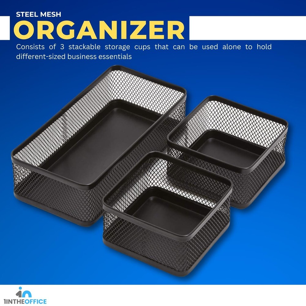 1InTheOffice Mesh Collection Desk Drawer Organizer Tray 3 Compartment - Stack...