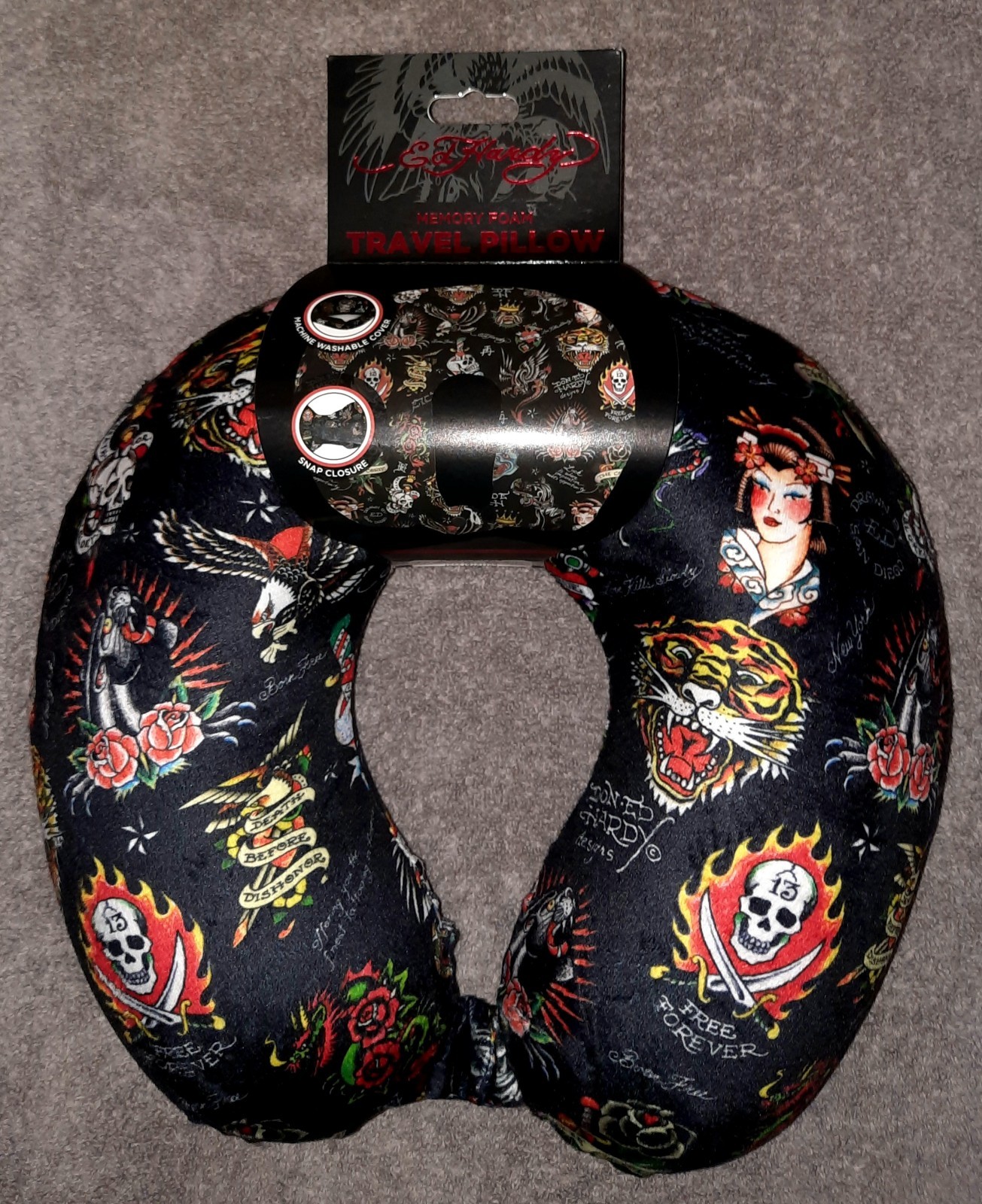 Ed Hardy Tattoo Print Neck Travel Pillow Memory Foam Removable Cover Microfiber