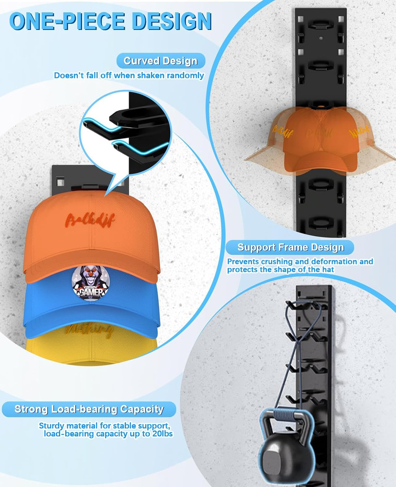 2 Pack Hat Organizer for Baseball Caps, Strong Adhesive Hat Rack for Wall, Multi