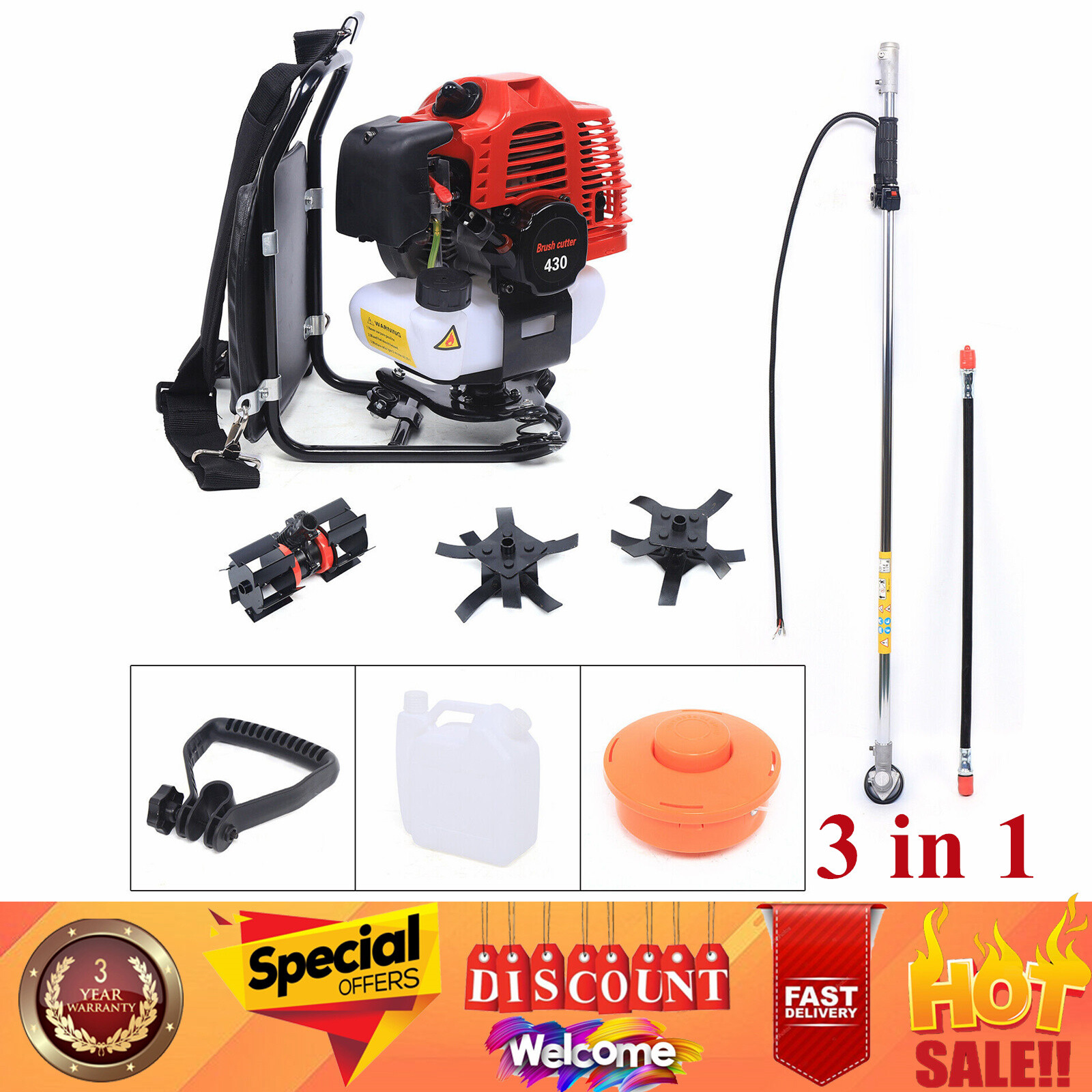 43CC 2 Stroke Backpack Gas Garden Brush Cutter Grass Trimmer Lawn Mower 3 in 1