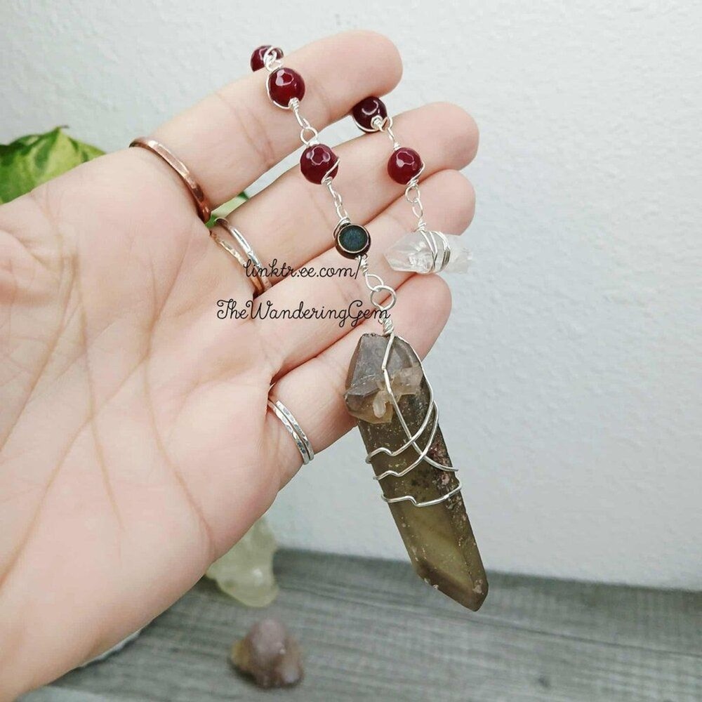Large Smoky Citrine Dowsing Pendulum, Divination Tools, Garnet 8"