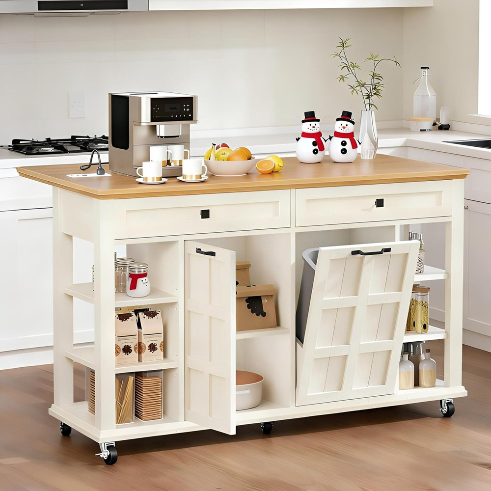 Mobile Kitchen Island with Drop Leaf & Trash Can, Off White Storage Table