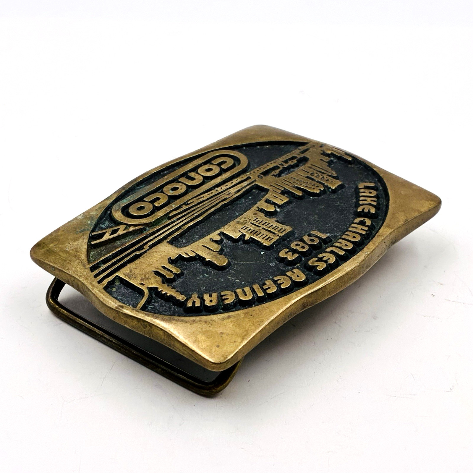 1983 Conoco Lake Charles Refinery 3"x2.25" Brass Buckle 1.75" Belt Width a196