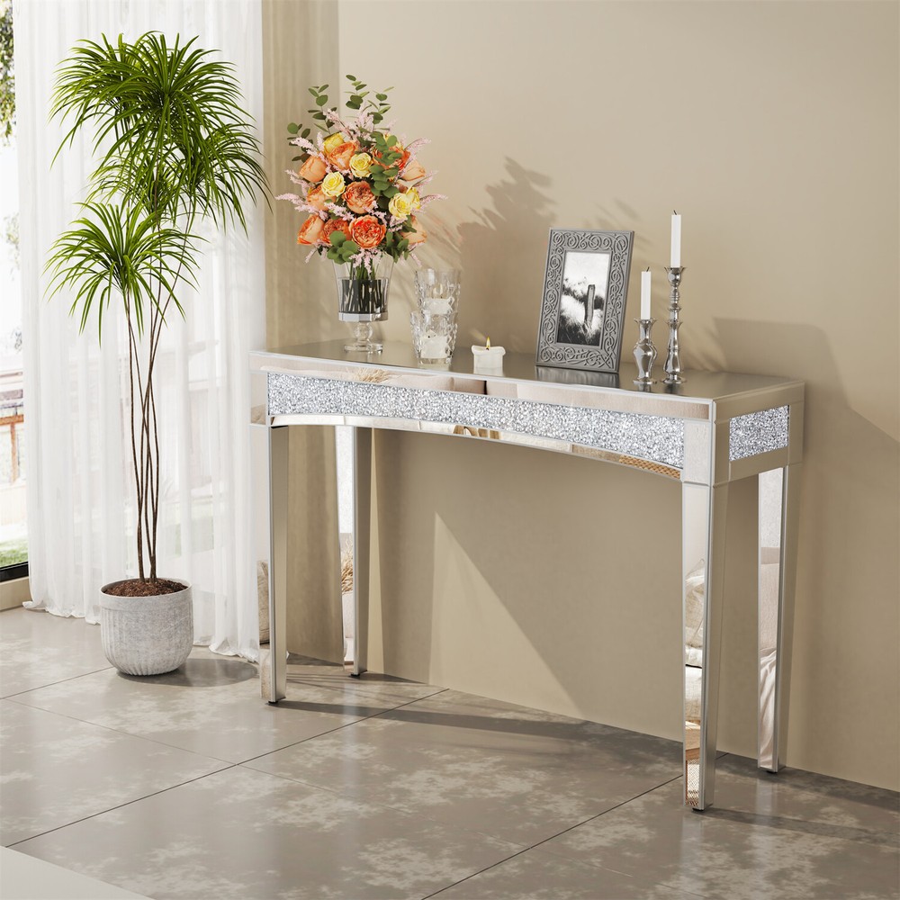 Modern Console Table Mirrored Finished Glam Silver Entryway Table Crystals Inlay