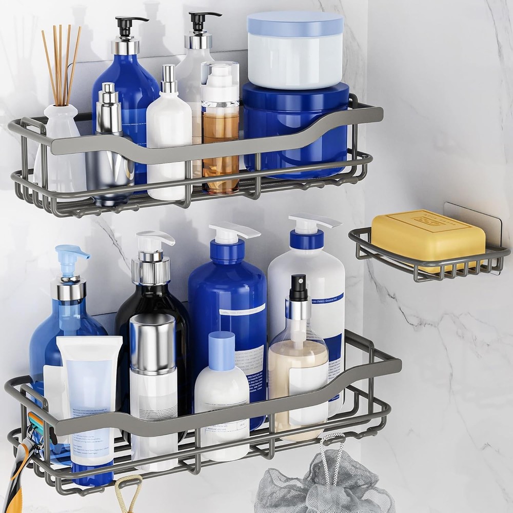3-Pack Shower Caddy with Soap Holder, Adhesive Rustproof No-drill Strudy Load...