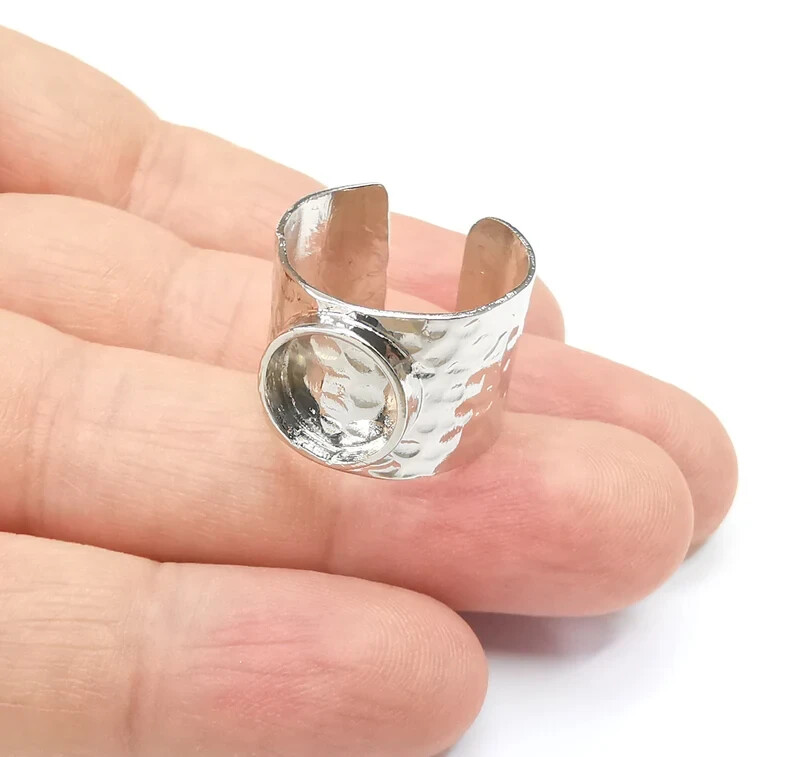 Shiny Silver Ring Setting Bezel Resin Base Cabochon Blank Adjustable Ring G35652