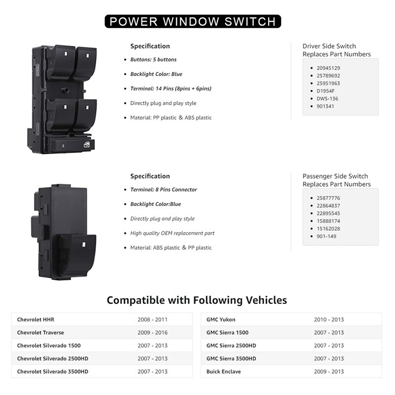 Window Control Switch for 2007-2013 Chevy Silverado GMC Sierra 20945129 22895545