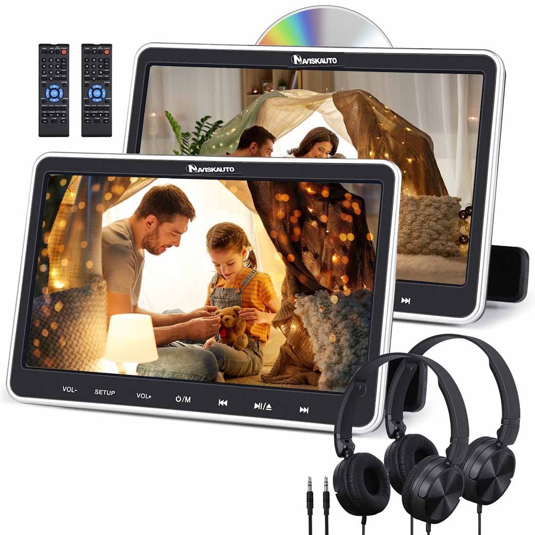 2x 10.1'' Dual Screen Car Headrest DVD Player USB Rear-Seat Monitor TV+Headsets