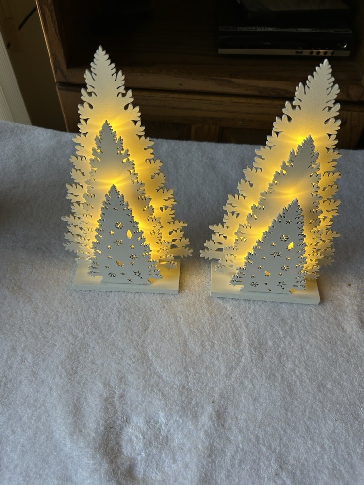 Two 3-D Lighted White Christmas Trees