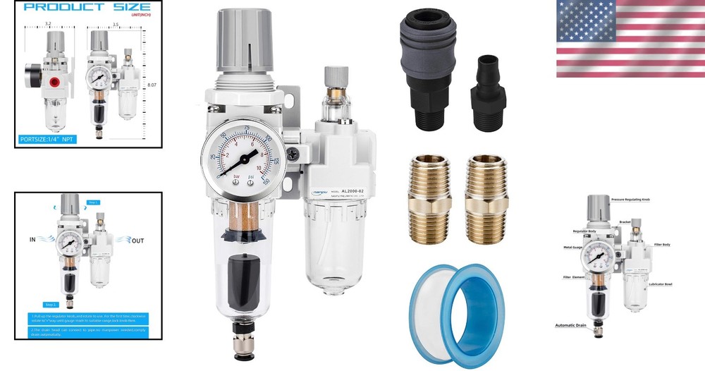 Efficient 1/4" NPT Auto-Drain Air Filter Regulator with 5 Micron Brass Element