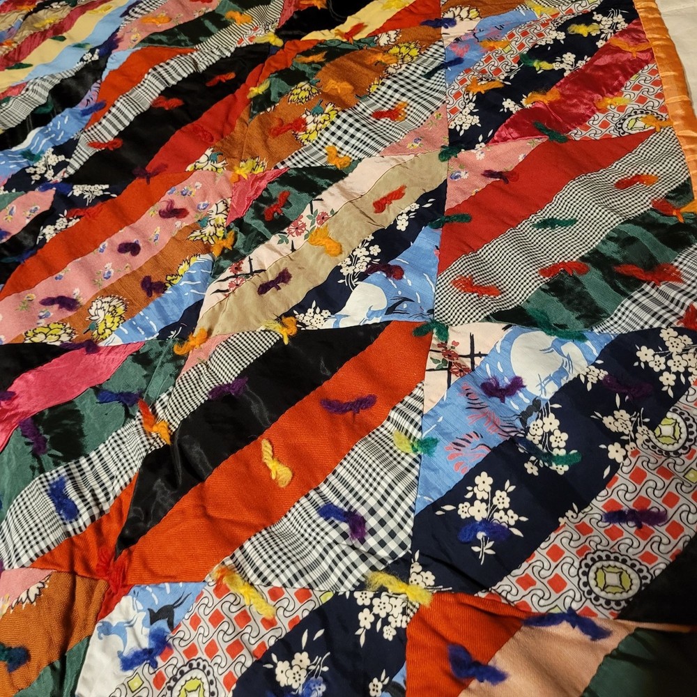 Crazy Quilt Silk Patchwork With Orange Backing Hand Stitched Patchwork Vintage