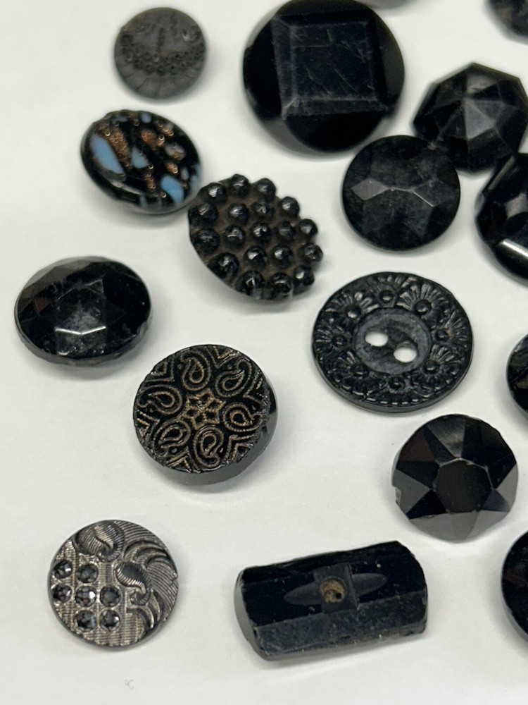 30 Assorted Antique Jet Black Buttons Vintage
