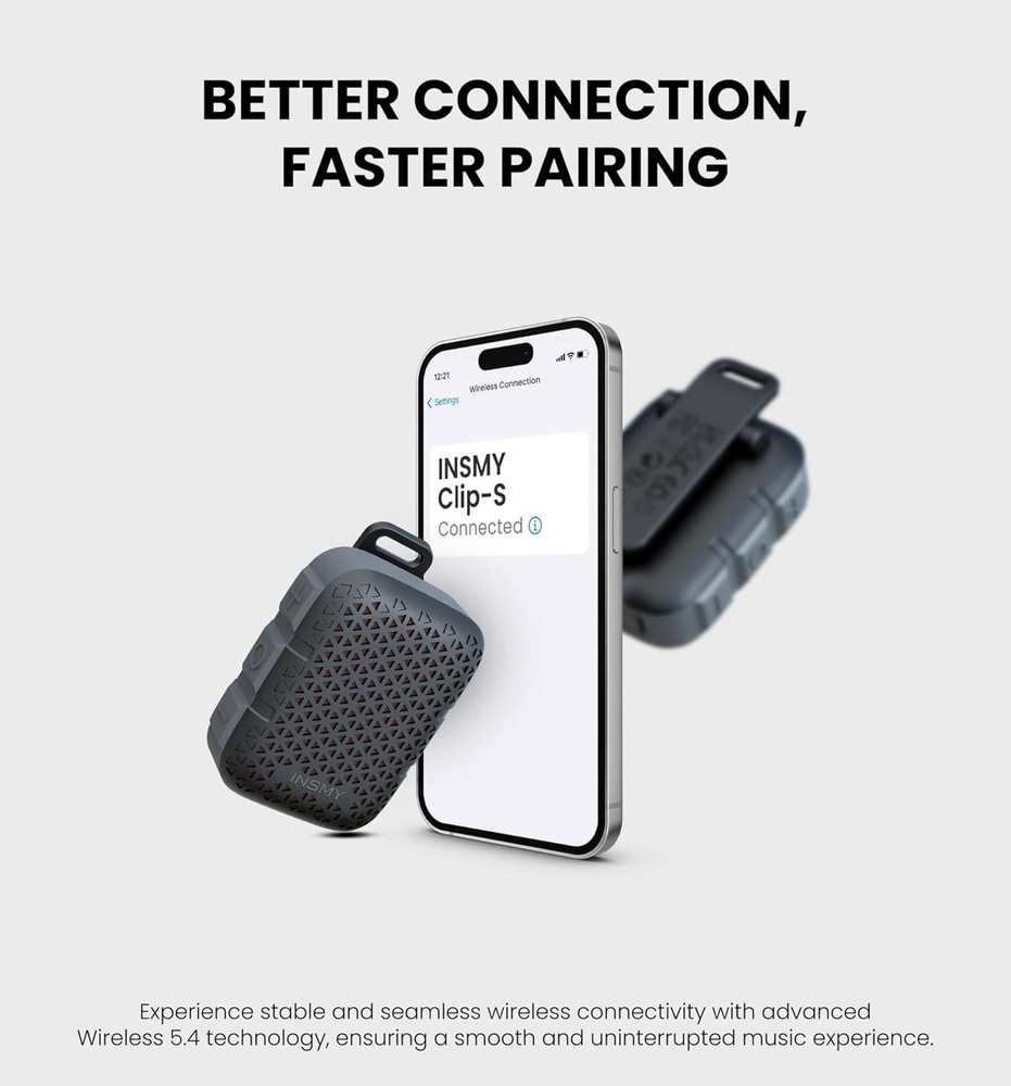 Waterproof Bluetooth Clip-On Speaker Wireless Stereo Mic Light Compact Black