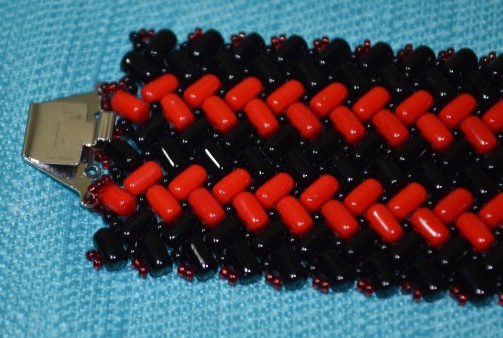 Red & Black Chevron Pattern Handmade Beaded Cuff Bracelet