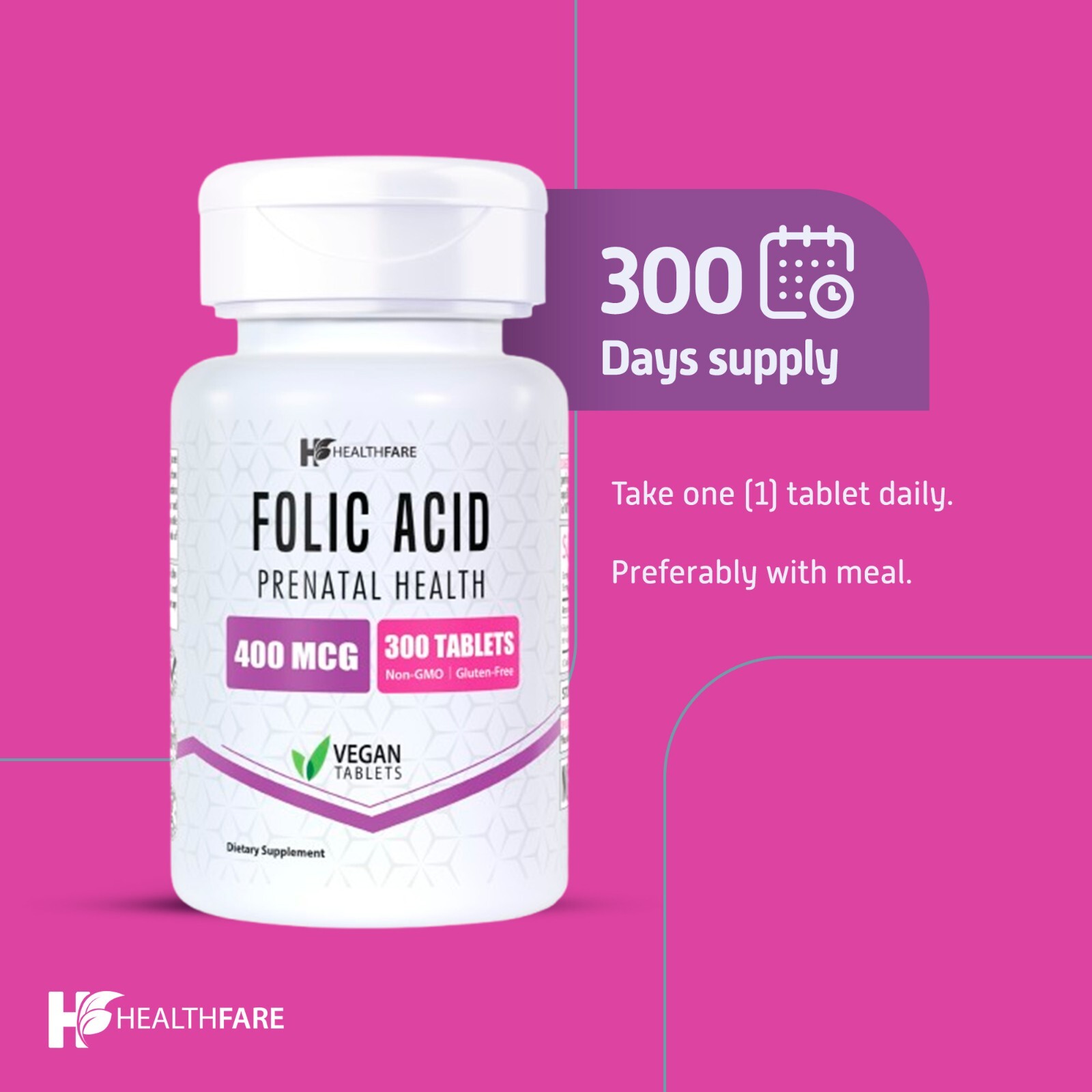 HealthFare Folic Acid 400mcg 300 Tablets Folate Vitamin B9 Water-Soluble
