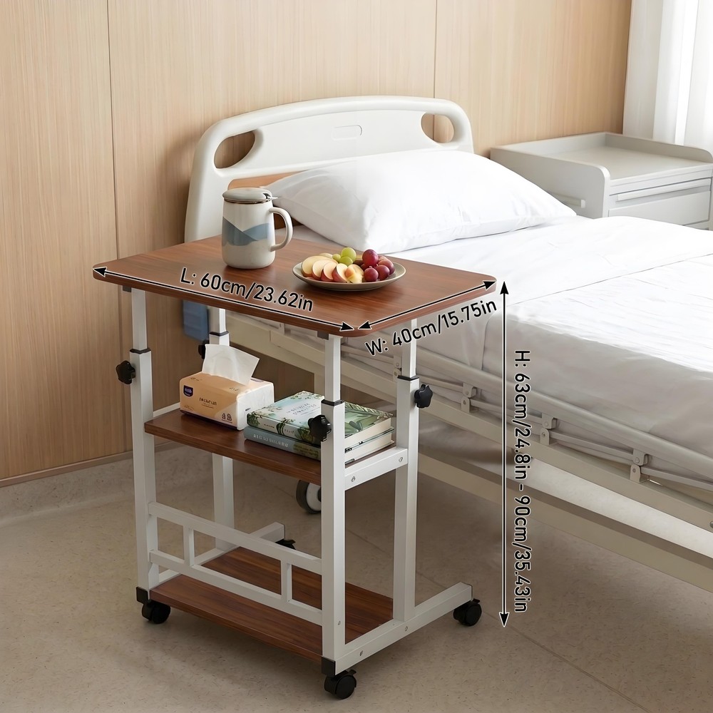 3-Tier Adjustable Nursing Bedside Table Simple Hospital Bedside Table Walnut