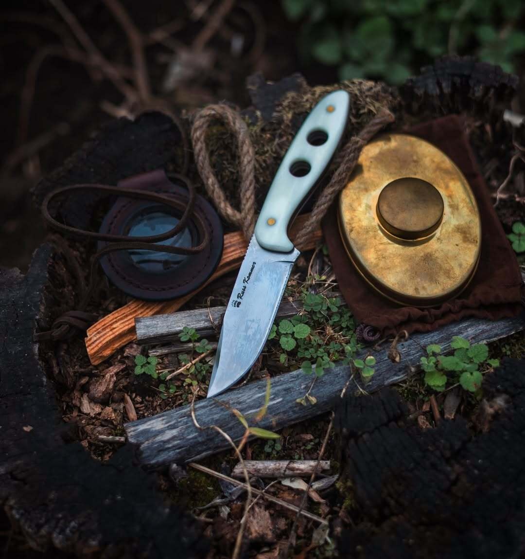 Russ Kommer Whiteout D2 Steel Fixed Blade Hunting Knife With Leather Sheath