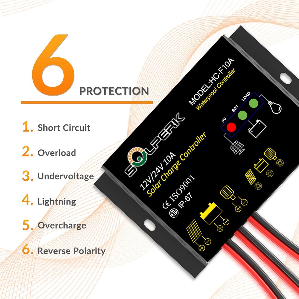 SOLPERK 10A Solar Charge Controller Waterproof Solar Panel Controller 12V/24V...