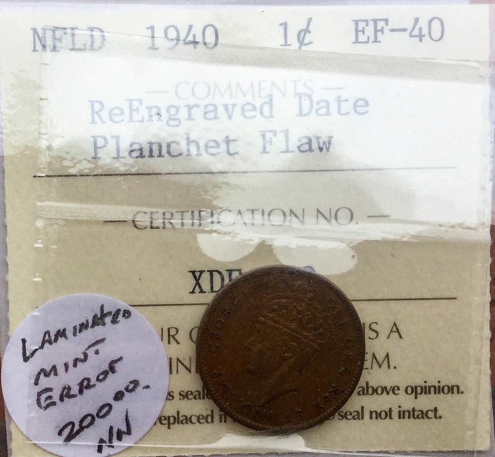 Newfoundland 1940 Reengraved Date Small Cent Mint Error EXF