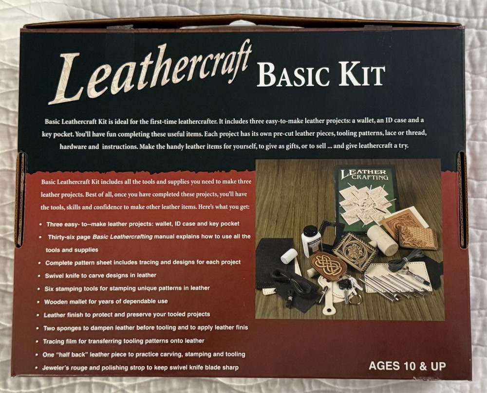 Tandy Leathercraft Basic Kit w/ 3 Projects Tools Manual Mallet Stamps SOLD AS IS