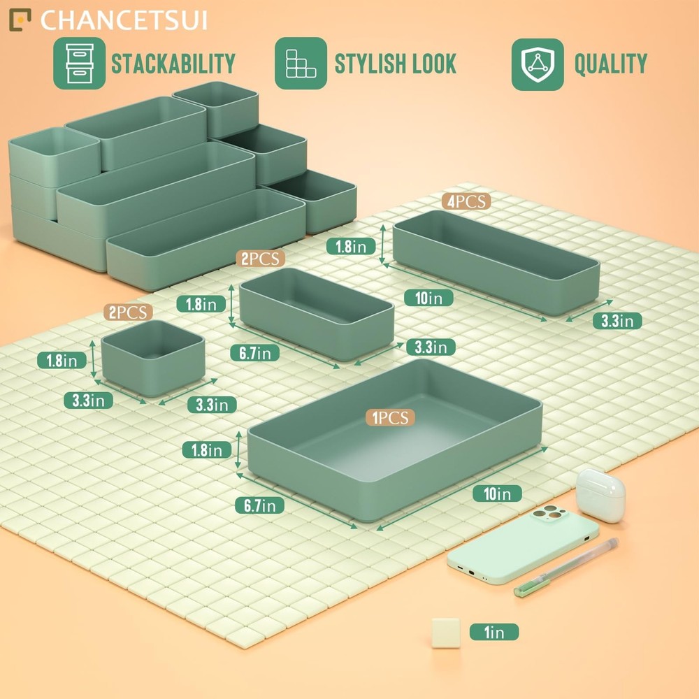 9 Pcs Stackable Drawer Organizer Trays Set, Green, Multifunctional Storage fo...
