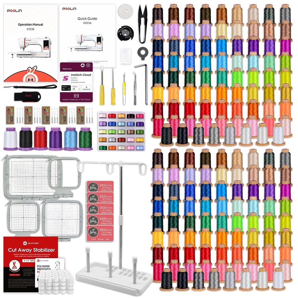 POOLIN EOC06 7.9in x 11in Embroidery Machine & 166 Thread Spool Bundle - Red