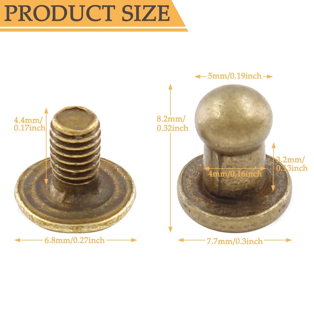 100Set 5mm Round Head Button Studs Bronze Button Stud Screw Leather Button Ri...