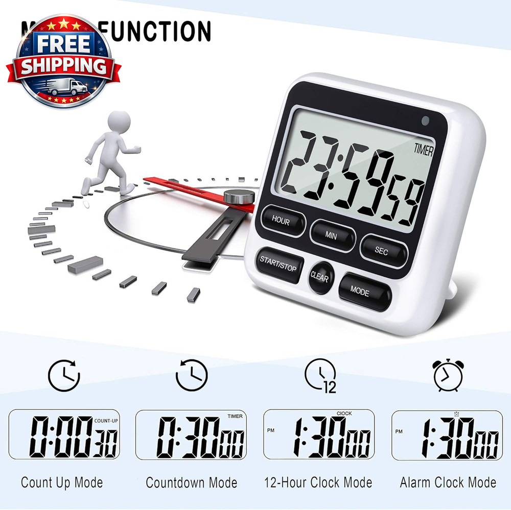 Versatile 12-Hour Digital Kitchen Timer with Mute/Loud Alarm Switch