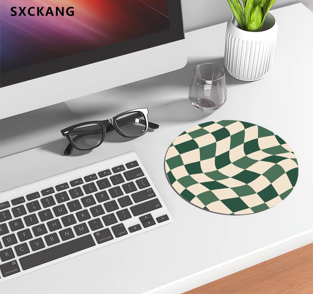 Green Checkered Mouse Pad Small, Abstract Wavy Pattern Mousepad, Cute Aesthet...