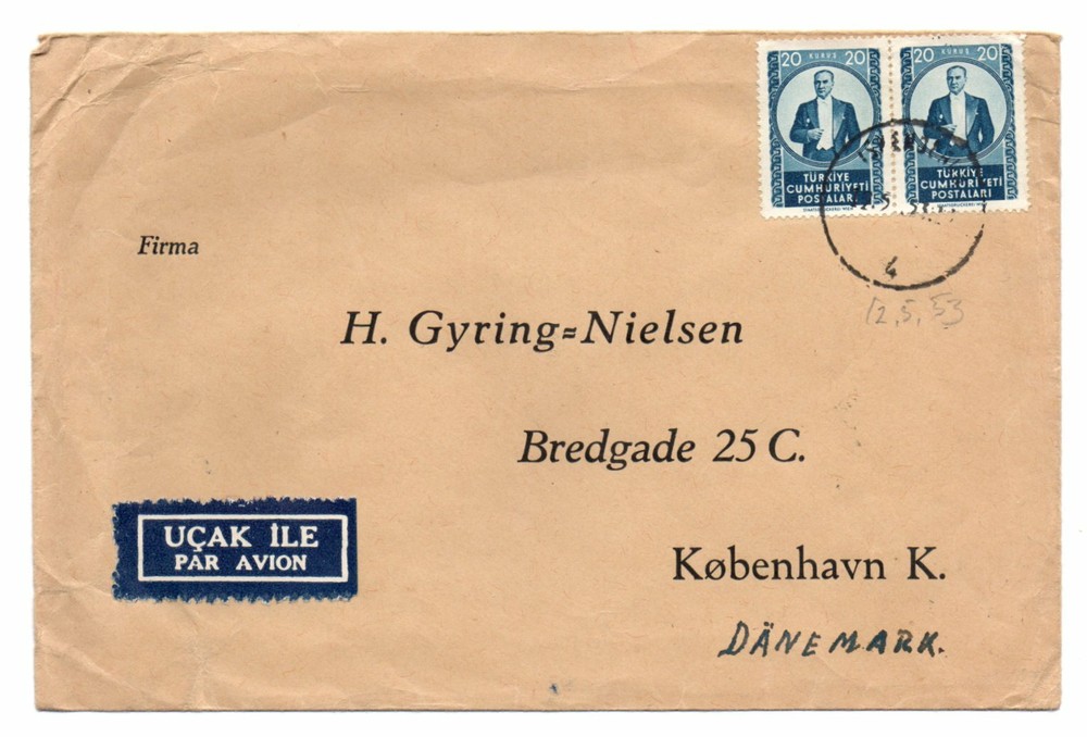 TURKEY: Airmail cover to Denmark 1953.