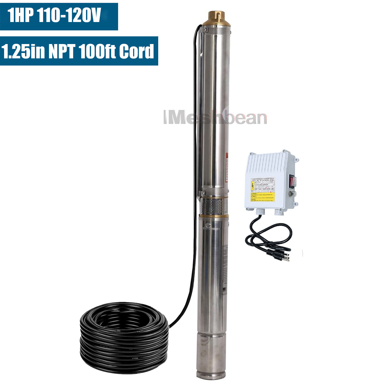 1 HP 3" Deep Well Submersible Pump, 110V, 60Hz, 13GPM, 247 ft Max,100ft Cord