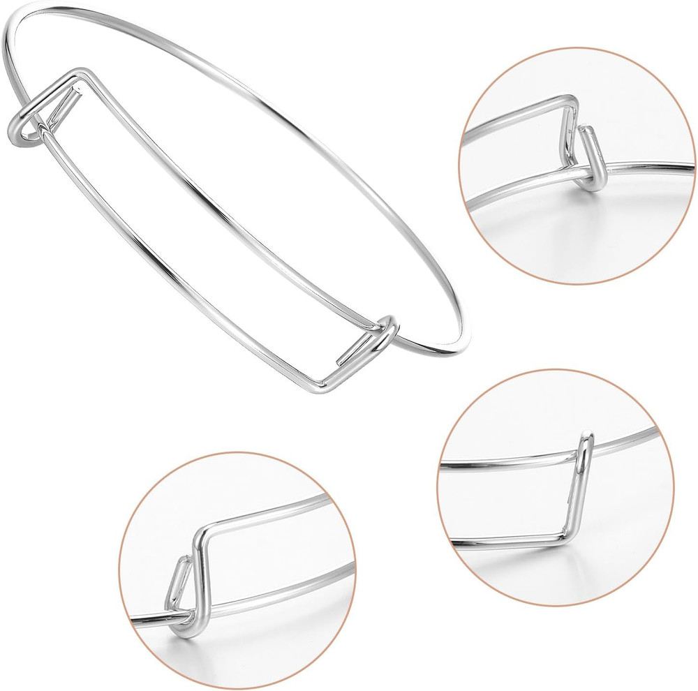 120 Pcs Charm Bracelet Bulk Expandable Blank Bangle Bracelets Silver Bangle Char