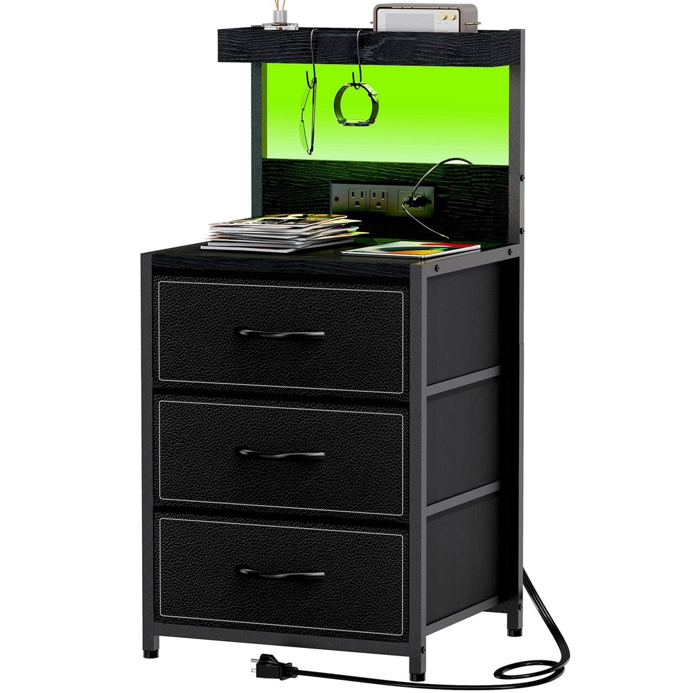 LED Nightstand with USB Charging Station, 3 Drawers, Shelf  Hooks - Black