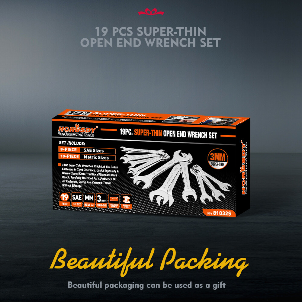 19pc combination wrench set Ring Open End Spanner Super Thin MM & Inch w/ Pouch