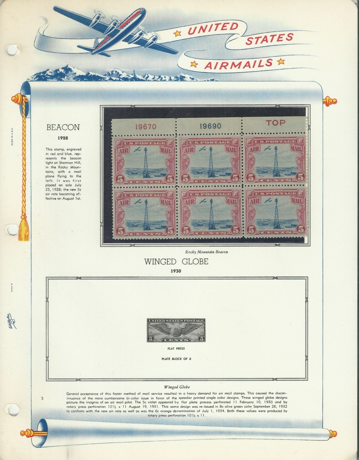 USA Stamps: Air Mail Plate Blocks & Singles on White Ace Album Pages. SCV $350+