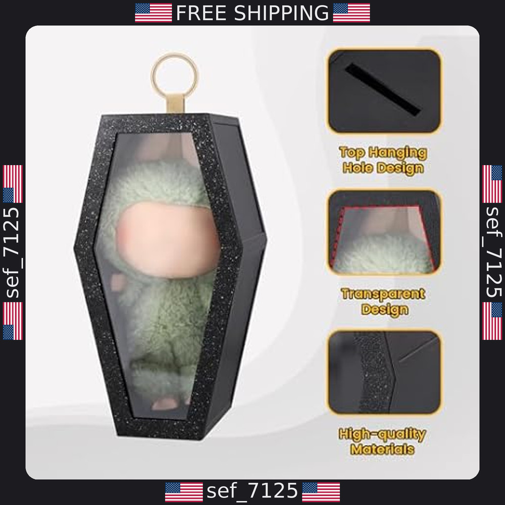 Coffin Shaped Doll Display Case with Keychain - Portable & Dustproof, Black