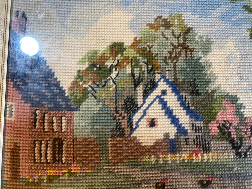 Vintage Needlepoint "White Cottage" - Framed