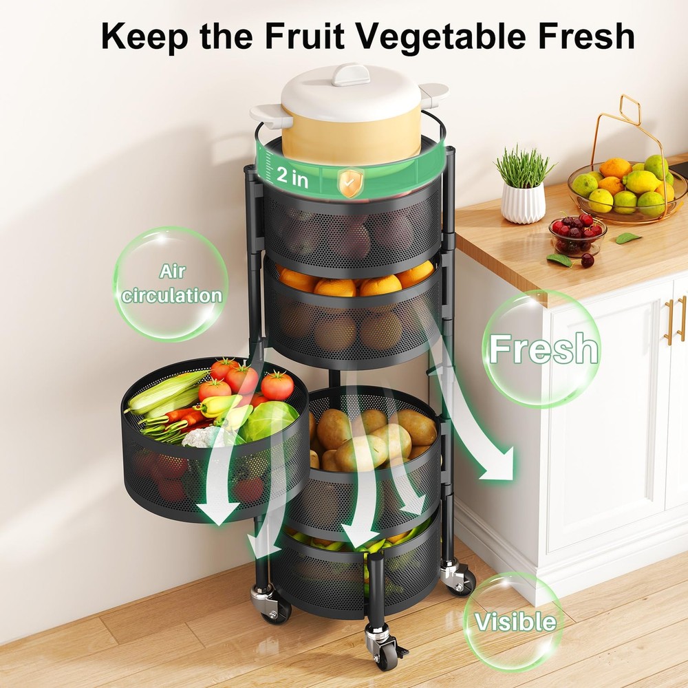 5 Tier Rolling Kitchen Storage Cart Rotating Rack w/Top Lid Black