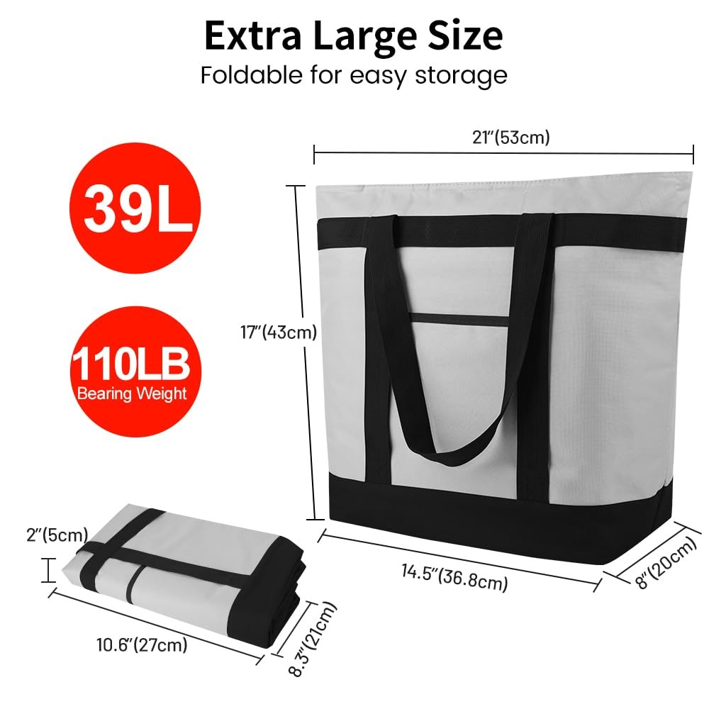 mosago 2PK Insulated Grocery Tote Bags, Large 39L Reusable Cooler Bags with Z...
