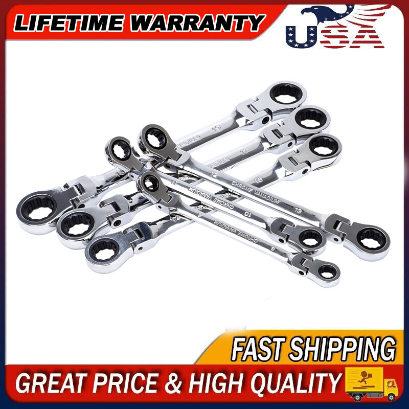 Universal 6Pcs Double Box End Ratcheting Wrench Flex-Head Extra Long Spanner Set