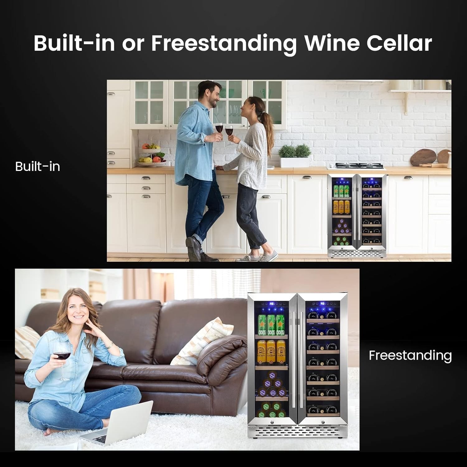 Wine and Beverage Refrigerator, 55 Cans & 20 Bottles Large Dual Zone Wine Cooler